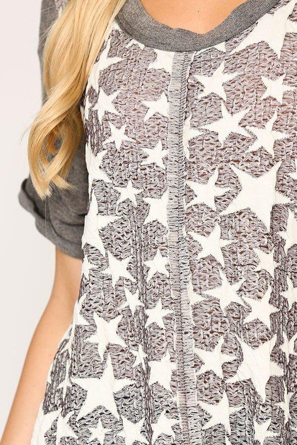 Star Textured Knit Mixed Tunic Top With Shark Bite Hem Naughty Smile Fashion