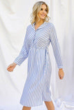 Stripe Print Cinched Waist Long Sleeve Shirt Midi Dress