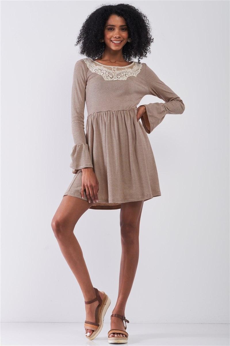 Taupe Horizontal Stripped Embroidery Detail Long Sleeve With Flare Hem Mini Dress