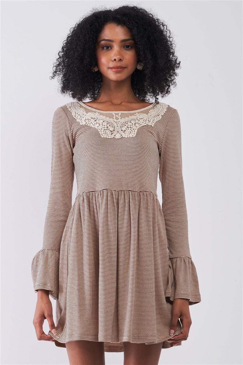 Taupe Horizontal Stripped Embroidery Detail Long Sleeve With Flare Hem Mini Dress Naughty Smile Fashion