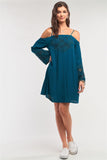 Teal Green Off-the-shoulder Flare Long Sleeve Square Neck Crochet Embroidery Mini Dress Naughty Smile Fashion