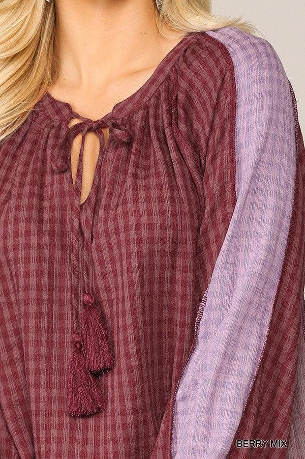 Textured Color Mixed Tassel Tie Peasant Top With Reverse Stitch Detail Naughty Smile Fashion