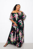 Tropical Printed Off Shoulder Pleated Dress