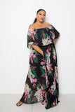 Tropical Printed Off Shoulder Pleated Dress