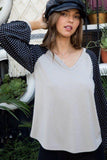 V Neck Contrast Woven Dot Print Long Sleeve Knit Top Naughty Smile Fashion
