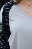 V Neck Contrast Woven Dot Print Long Sleeve Knit Top Naughty Smile Fashion