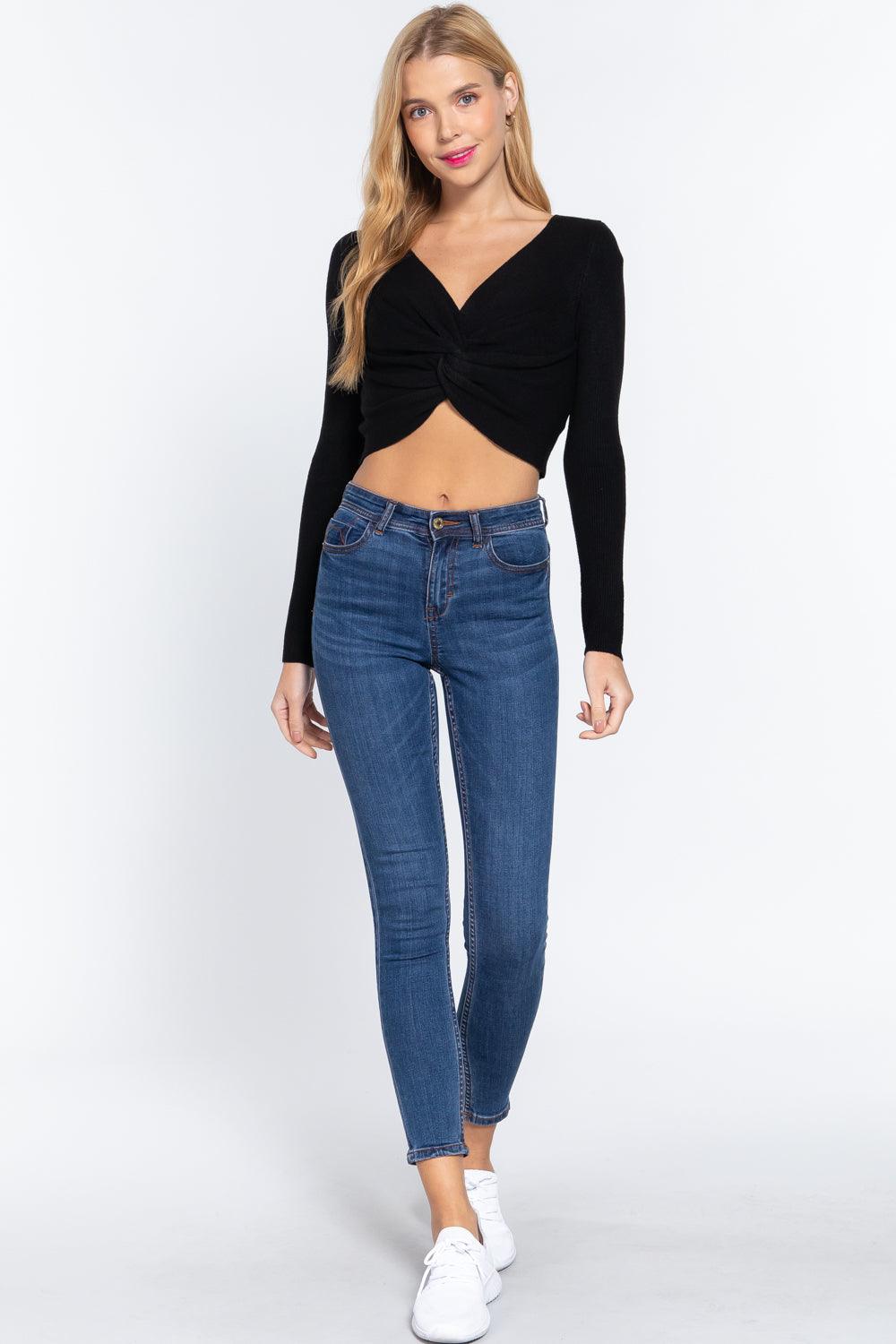 V-neck Front Knotted Crop Sweater Naughty Smile Fashion