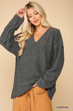 V-neck Solid Soft Sweater Top With Cut Edge Naughty Smile Fashion