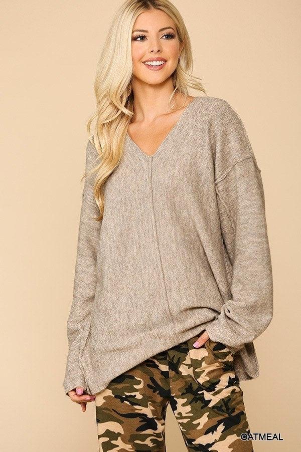 V-neck Solid Soft Sweater Top With Cut Edge