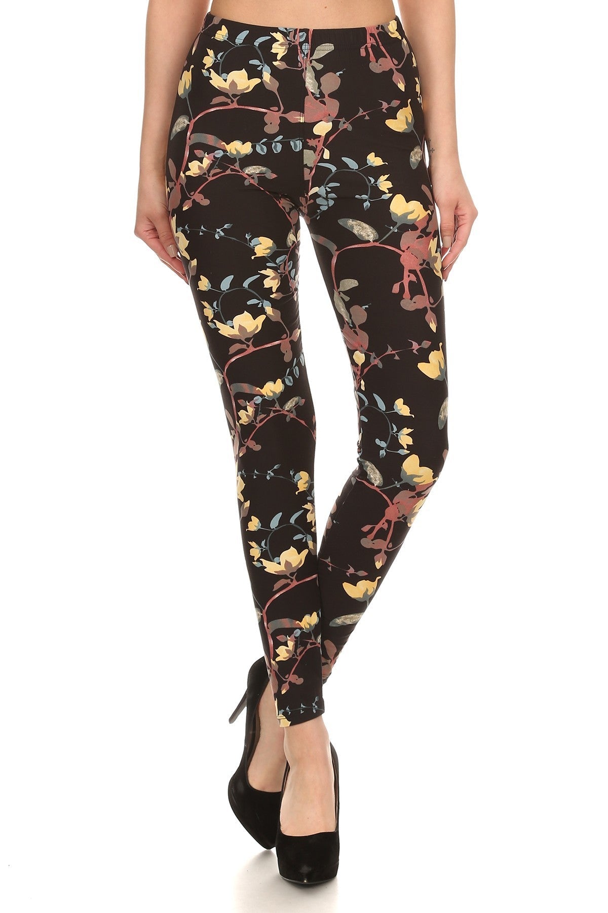 Vine Printed High Waisted Knit Leggings In Skinny Fit With Elastic Waistband Naughty Smile Fashion