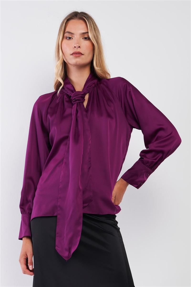 Violet Satin Long Sleeve Tie-neck Blouse Top Naughty Smile Fashion