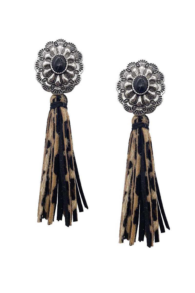 Western Style Natural Stone Faux Leather Tassel Dangle Earring Naughty Smile Fashion