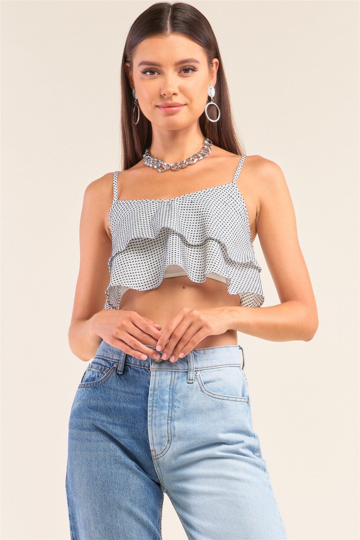 White And Navy Sleeveless Polka Square Layered Smock Back Cropped Top Naughty Smile Fashion