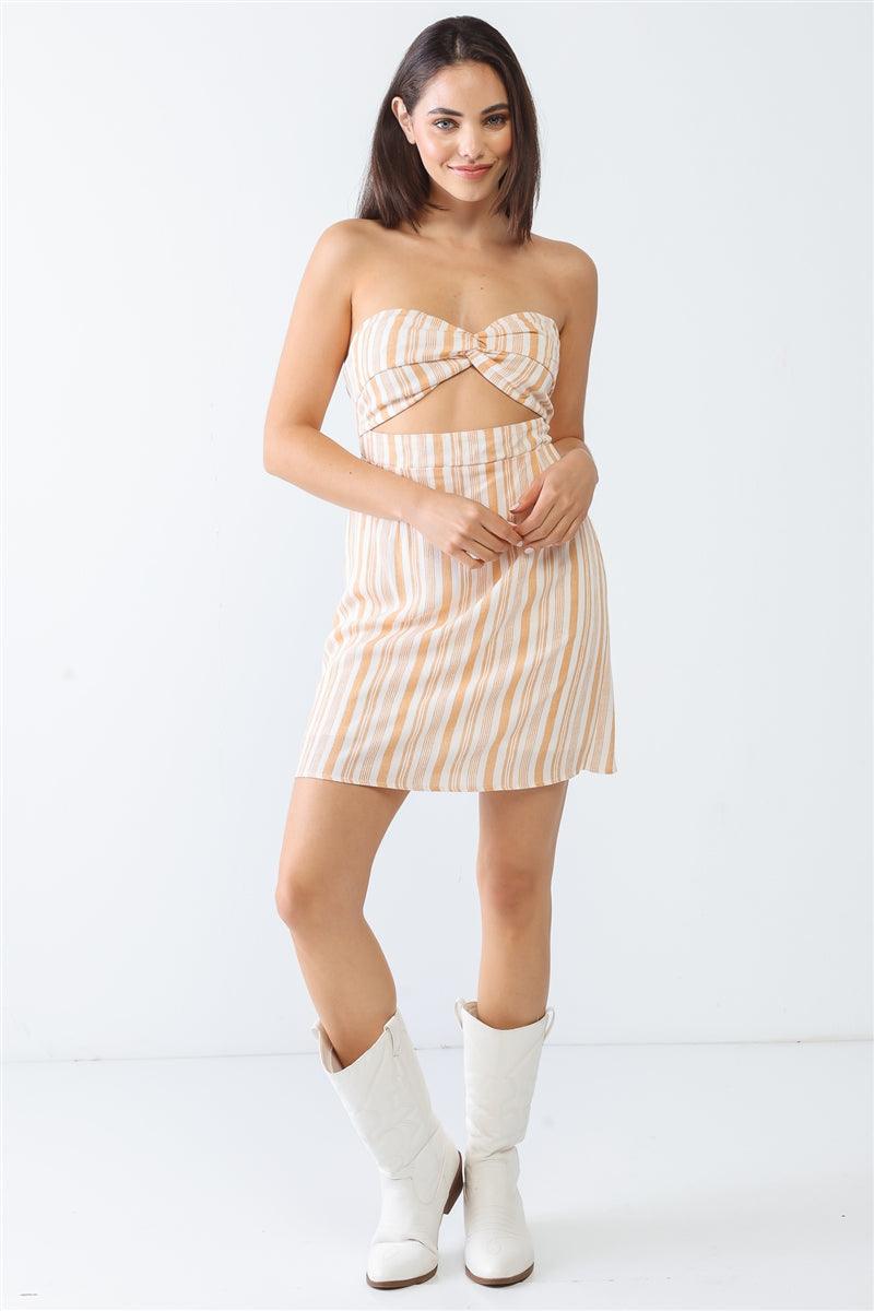 White & Apricot Stripe Print Strapless Twist Cut-out Smocked Back Mini Dress Naughty Smile Fashion