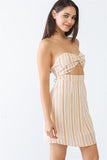 White & Apricot Stripe Print Strapless Twist Cut-out Smocked Back Mini Dress Naughty Smile Fashion