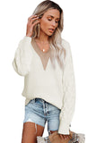 White Cable Puff Sleeve Lace V Neck Sweater Naughty Smile Fashion