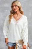 White Cable Puff Sleeve Lace V Neck Sweater Naughty Smile Fashion