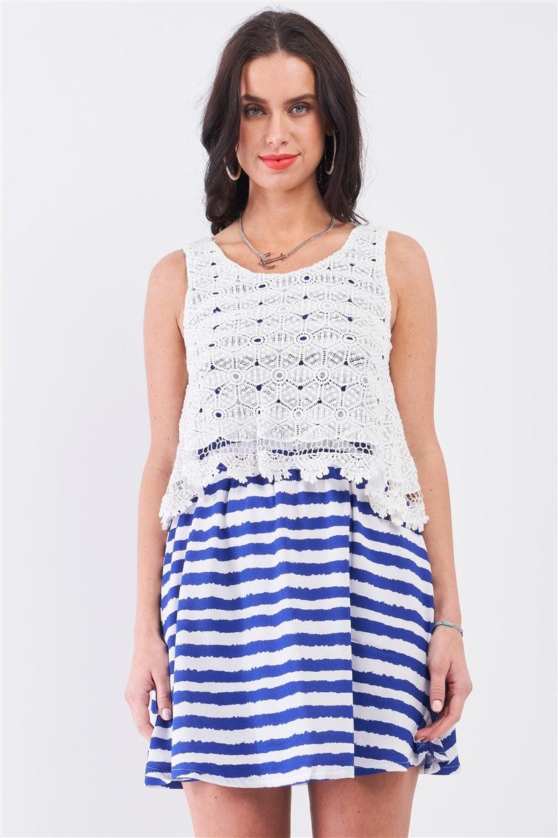 White & Navy Horizontal Striped Round Neck Sleeveless Floral Embroidery Layered Top Mini Dress Naughty Smile Fashion