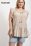 Woven Prints Mixed And Sleeveless Flutter Top With Tassel Tie Naughty Smile Fashion