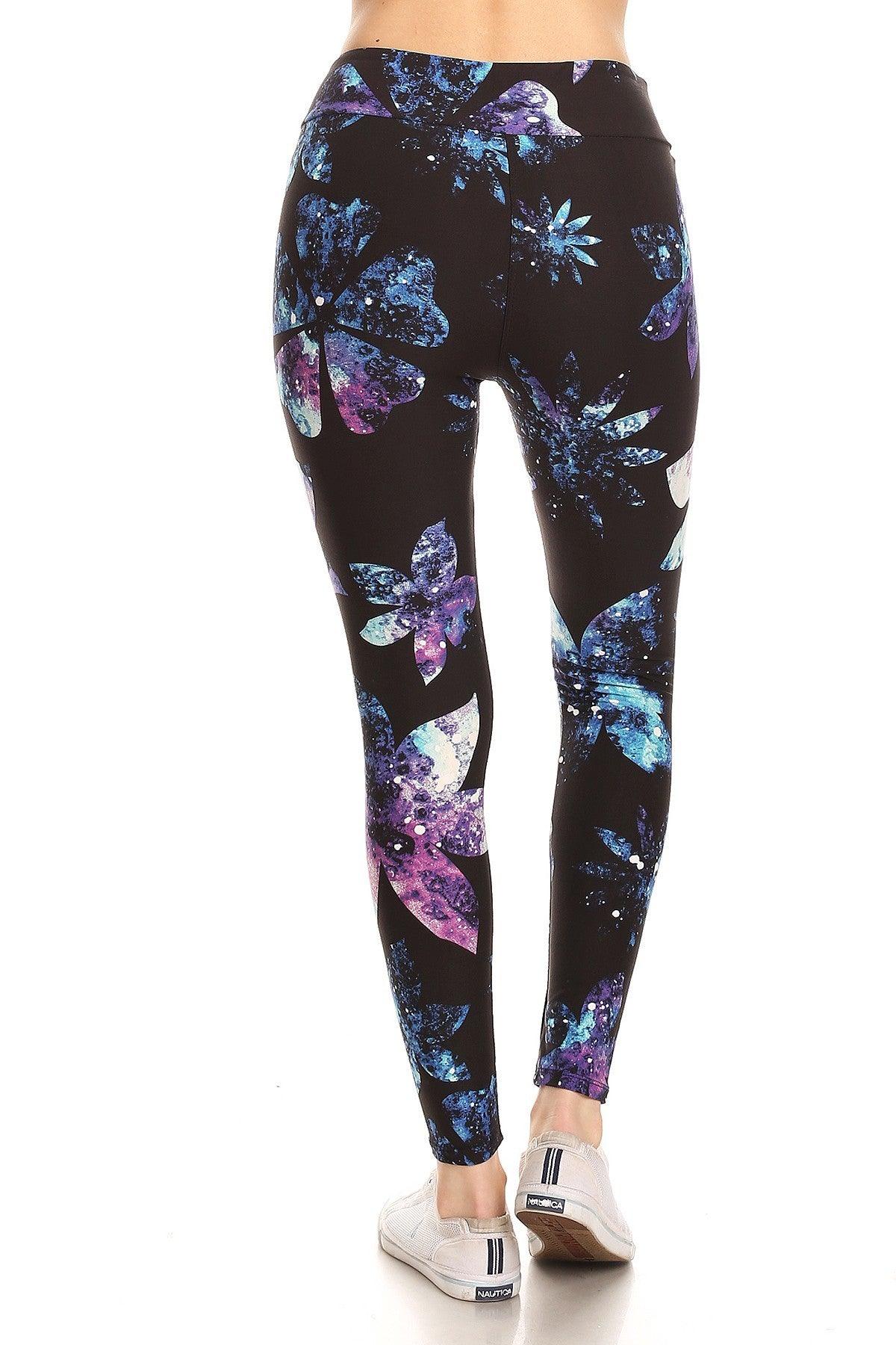Yoga Style Banded Lined Galaxy Silhouette Floral Print, Full Length Leggings In A Slim Fitting Style With A Banded High Waist Naughty Smile Fashion