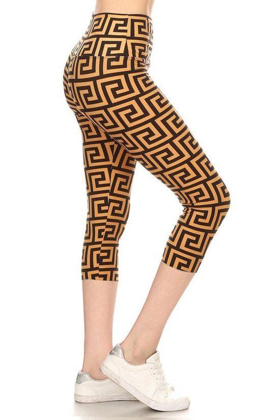 Yoga Style Banded Lined Meander Printed Knit Capri Legging With High Waist. Naughty Smile Fashion
